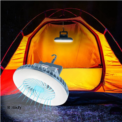 Lampa de Camping Multifunctionala, LED, Reincarcabila si Rezistenta la Apa cu Ventilator Portabil, Ideala pentru Corturi si Piata de Noapte