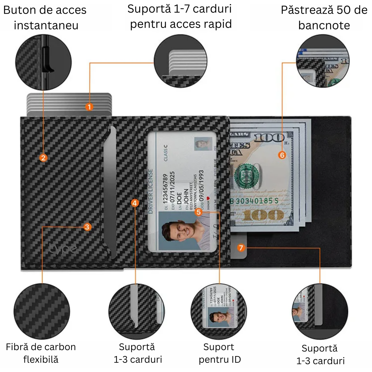 Portofel din Fibra de Carbon cu Protectie RFID, Negru, Design Minimalist, Capacitate Mare pentru Carduri si Bancnote, Rezistent si Elegant